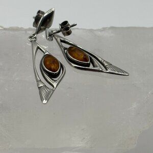 Vintage Handcrafted 925 Silver Dangle Earrings with Amber Stone